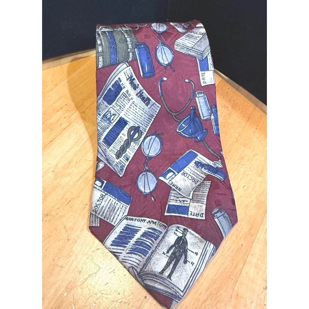 Mister Guy Mens Medical Anatomy Doctor Theme Burgundy 100% Italian Silk Necktie